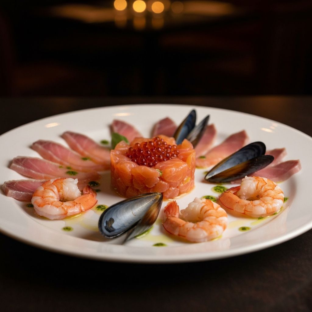 Elegante selezione di crudo di mare fresco servito su ghiaccio a Treviglio