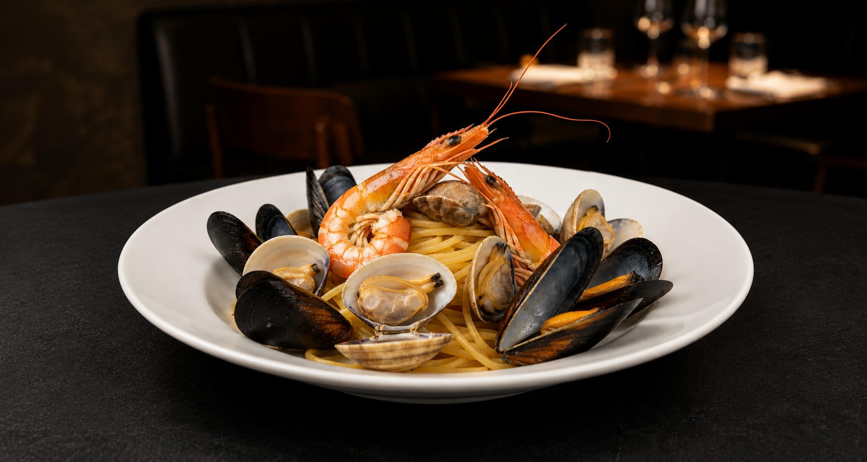 Ricco piatto di spaghetti ai frutti di mare con cozze, vongole e gamberi